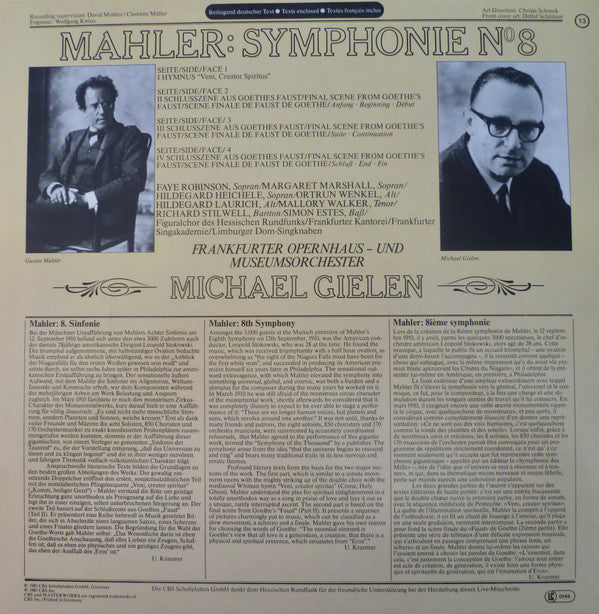 Mahler*, Faye Robinson, Margaret Marshall, Hildegard Heichele, Ortrun Wenkel, Hildegard Laurich, Mallory Walker, Richard Stilwell, Simon Estes, Frankfurter Opernhaus- Und Museumsorchester*, Michael Gielen : Symphonie N° 8 (2xLP)