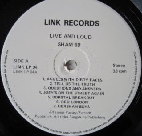 Sham 69 : Live And Loud!! (LP, Album, Bla)