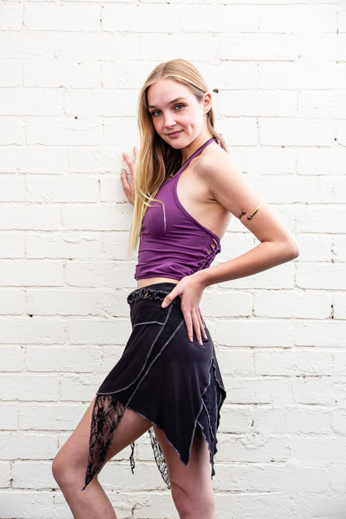 Spirit weaver Skirt in black with layered multi-textured fabric and triangular lace adornments side