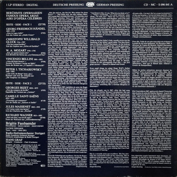 Brigitte Fassbaender ; Georg Friedrich Händel • Christoph Willibald Gluck • Wolfgang Amadeus Mozart • Vincenzo Bellini • Pyotr Ilyich Tchaikovsky • Georges Bizet • Camille Saint-Saëns • Jules Massenet • Richard Wagner ; Radio-Sinfonieorchester Stuttgart • : Berühmte Opernarien • Famous Opera Arias • Airs D'opéra Célèbres (LP, Album)