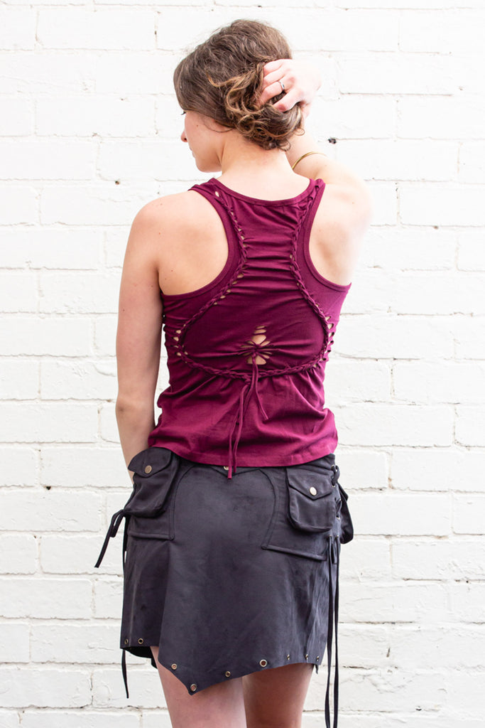 Maia slit-weave singlet tank corset top with dangling ties at sides and midriff in wine red back