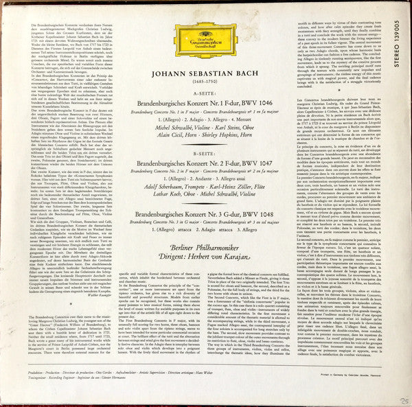 Herbert von Karajan - Johann Sebastian Bach - Berliner Philharmoniker : Brandenburgische Konzerte Nr. 1, 2 & 3 (LP, RE)