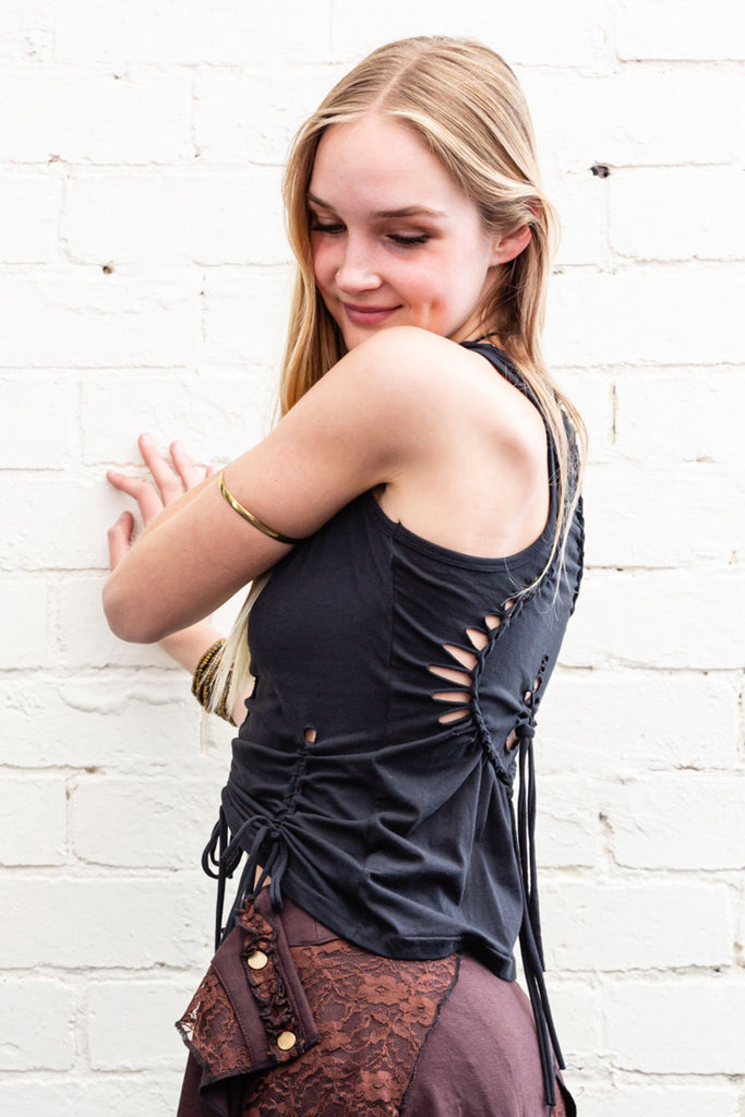 Maia slit-weave singlet tank corset top with dangling ties at sides and midriff in black side