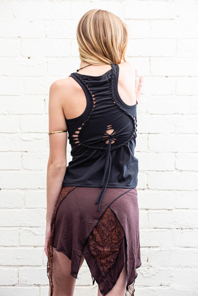 Spirit weaver Skirt in brown with layered multi-textured fabric and triangular lace adornments back