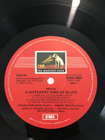 Itzhak Perlman, André Previn, Shelly Manne, Jim Hall, Red Mitchell : A Different Kind Of Blues (LP, Album, Ltd)