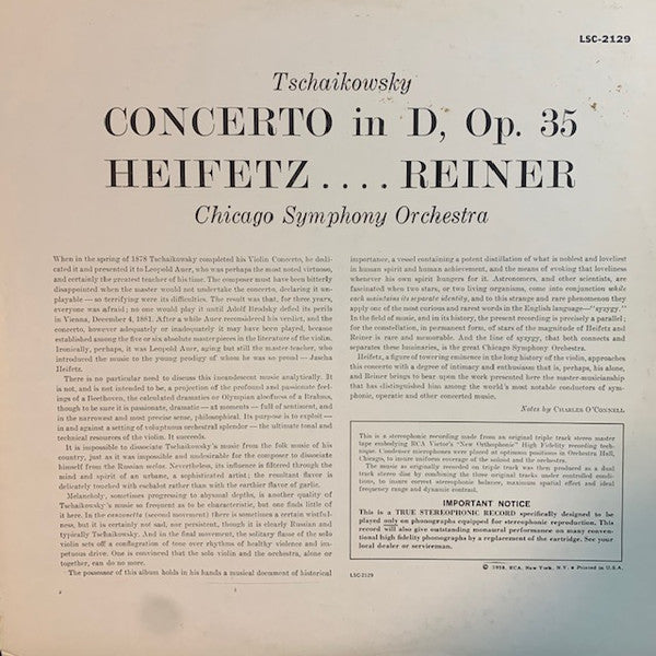 Pyotr Ilyich Tchaikovsky, Jascha Heifetz, The Chicago Symphony Orchestra, Fritz Reiner : Concerto For Violin In D Major (LP, Album, RE, Ind)