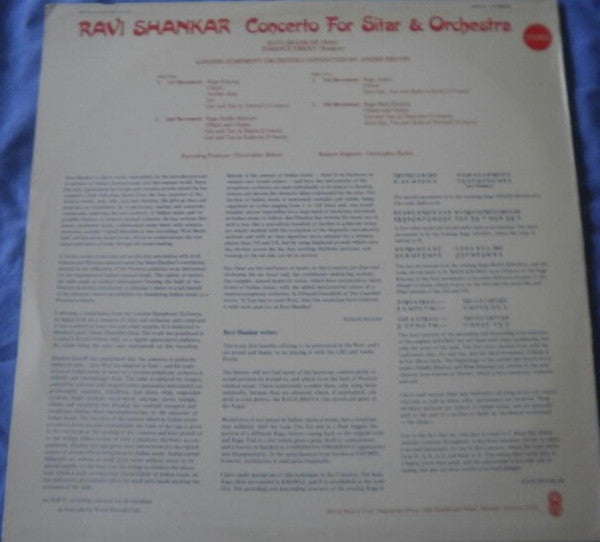 Ravi Shankar & André Previn - The London Symphony Orchestra : Concerto For Sitar & Orchestra (LP, Album, Club, RE)