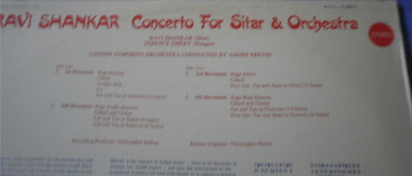 Ravi Shankar & André Previn - The London Symphony Orchestra : Concerto For Sitar & Orchestra (LP, Album, Club, RE)