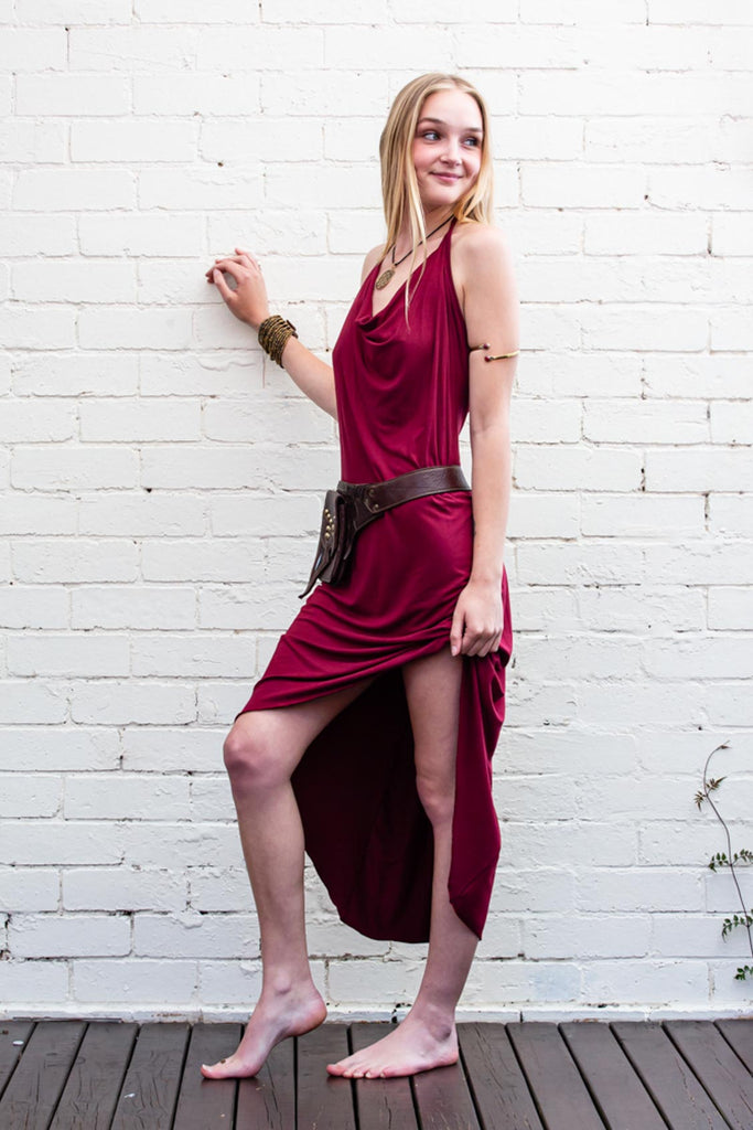 Wine red coloured full length maxi dress with V-shaped neck back and hemline side