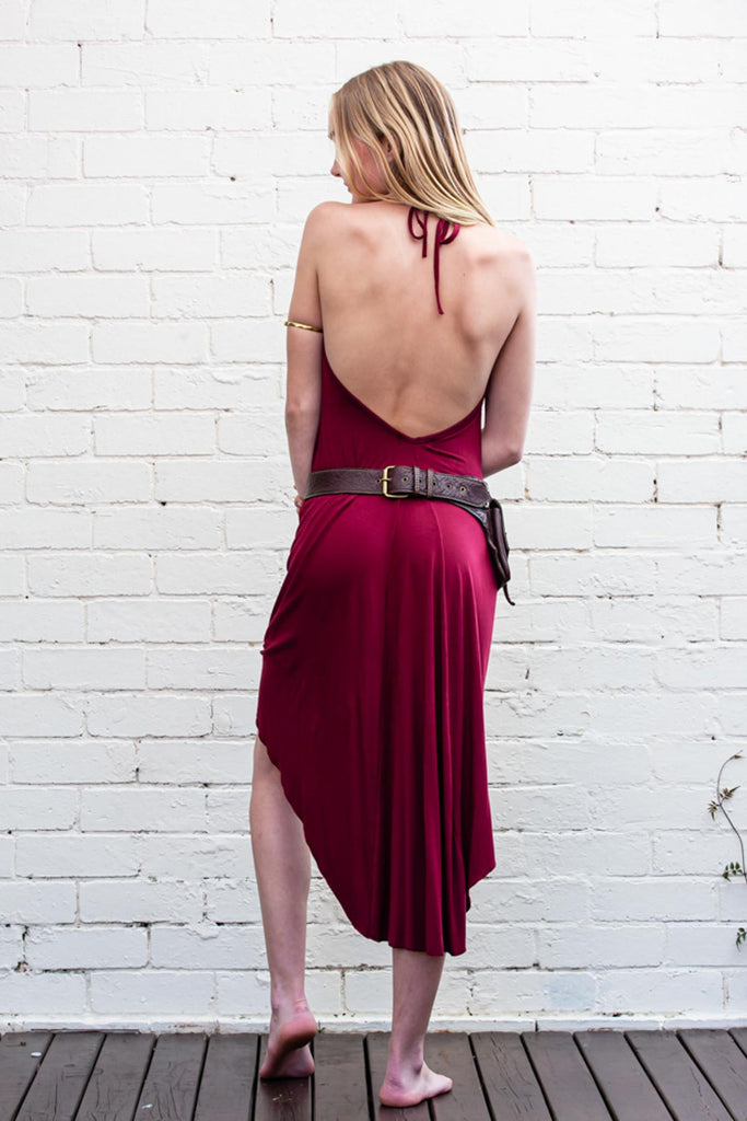 Wine red coloured full length maxi dress with V-shaped neck back and hemline back
