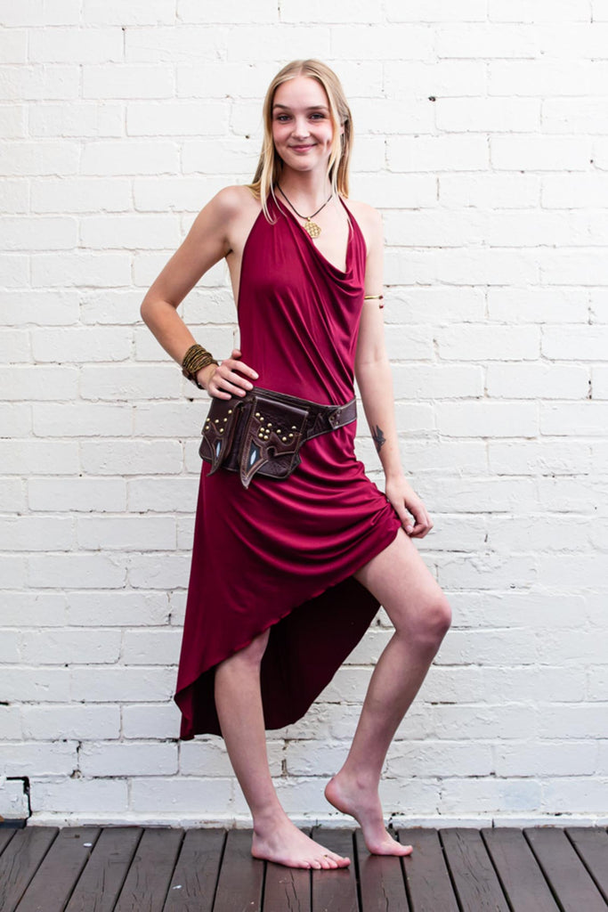 Wine red coloured full length maxi dress with V-shaped neck back and hemline front