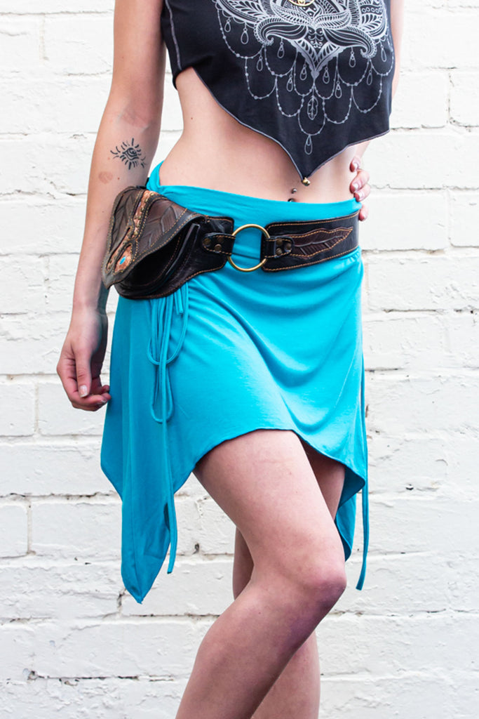 pixie mini skirt in turquoise blue with long ties and side drapes side