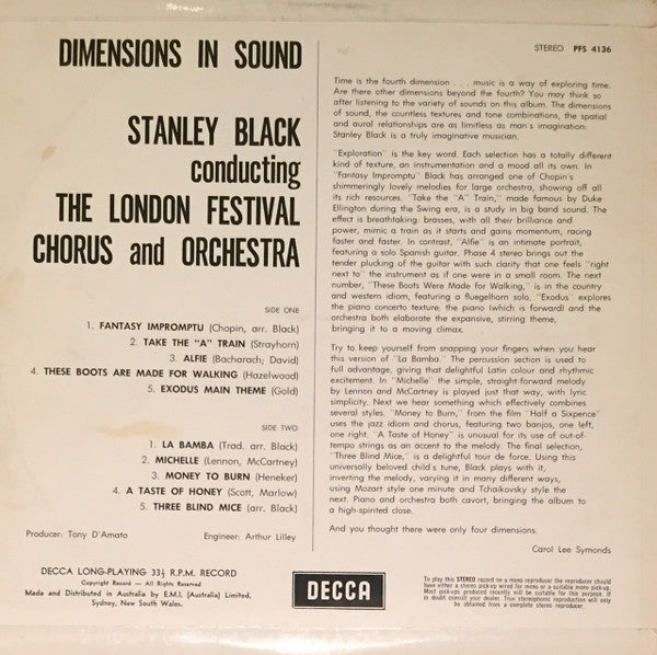 Stanley Black And The London Festival Symphony Orchestra* And Choir* : Dimensions In Sound (LP, Album)