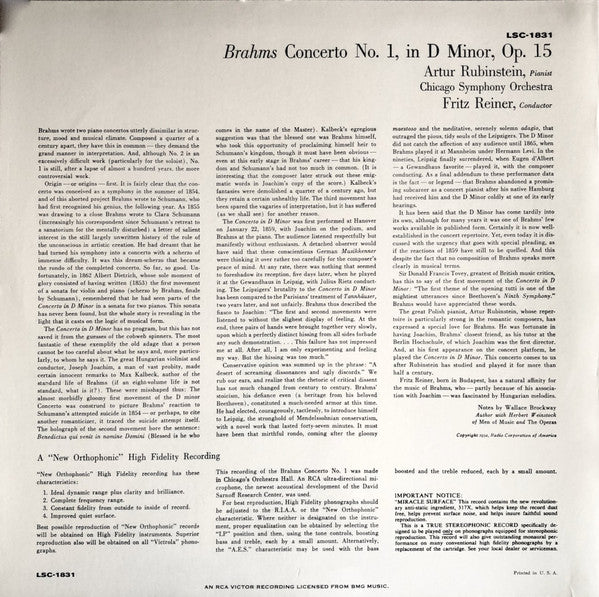 Johannes Brahms, Arthur Rubinstein, Fritz Reiner, The Chicago Symphony Orchestra : Concerto No. 1 In D Minor, Op. 15 (LP, RE, RM, 180)