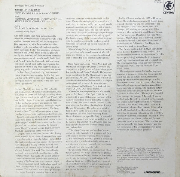 Steve Reich / Richard Maxfield / Pauline Oliveros : New Sounds In Electronic Music (Come Out / Night Music / I Of IV) (LP, RE)