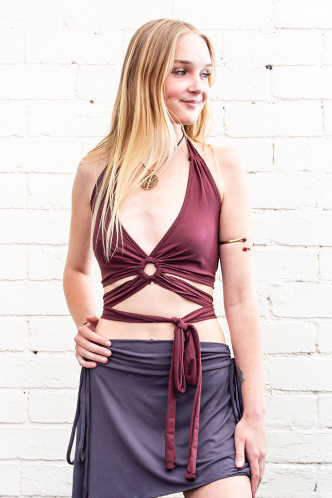 Manuka wrap halter top with long midriff ties in maroon front