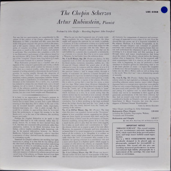 Frédéric Chopin, Arthur Rubinstein : The Chopin Scherzos  (LP, RE)