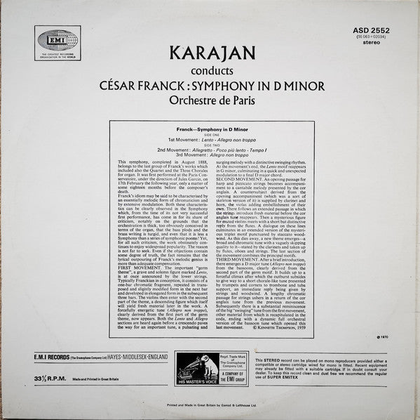 César Franck, Orchestre De Paris, Herbert von Karajan : Symphony In D Minor (LP, RP)