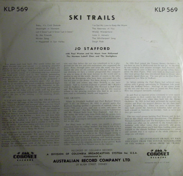Jo Stafford With Paul Weston And His Music From Hollywood, The Norman Luboff Choir* And The Starlighters : Ski Trails (LP, Album, Mono)