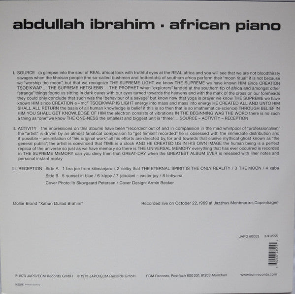 Abdullah Ibrahim : African Piano (LP, Album, RE, 180)