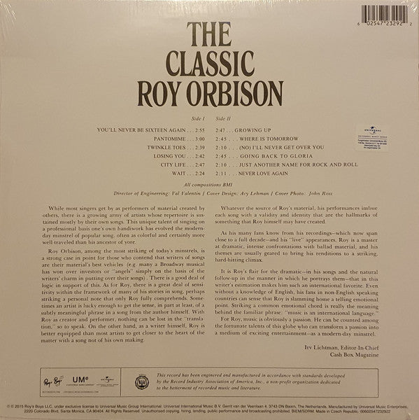 Roy Orbison : The Classic Roy Orbison (LP, Album, RE)