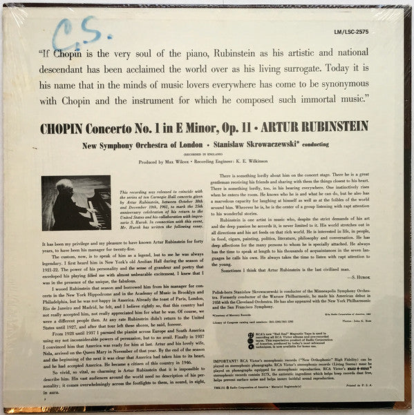 Arthur Rubinstein, Frédéric Chopin, The New Symphony Orchestra Of London, Stanislaw Skrowaczewski : Concerto No. 1 (LP, RE, Ind)