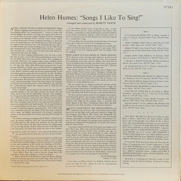 Helen Humes : Songs I Like To Sing! (LP, Album, RP)