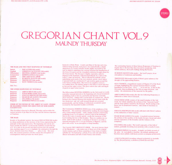 Chœur Des Moines De L'Abbaye Saint-Pierre De Solesmes Under The Direction Of Dom Joseph Gajard : Gregorian Chant Vol. 9 (Maundy Thursday) (LP, Album, Club)