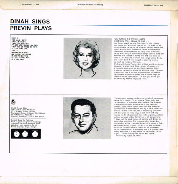 Dinah Shore, Andre Previn* : Dinah Sings, Previn Plays (LP, Album, Mono, Club)