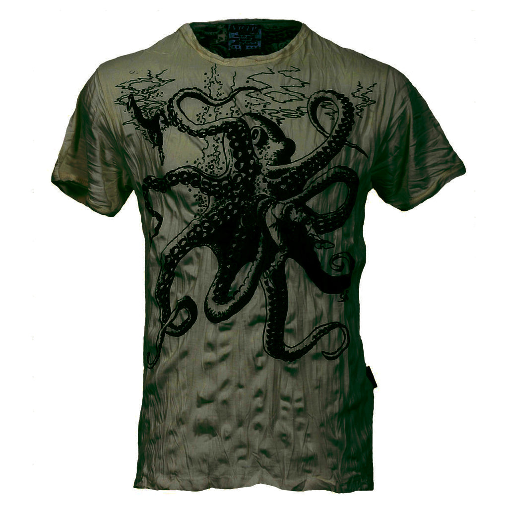 sure green crinkle finish t-shirt with giant octopus pencil drawn graphic print on front