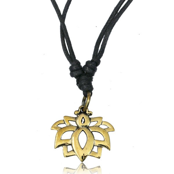 A brass pendant featuring a lotus flower symbol on a white background