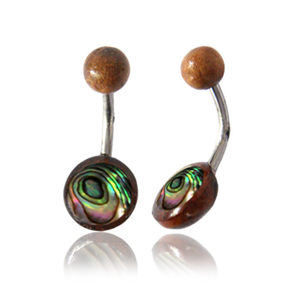 Two navel piercings featuring an abalone shell design