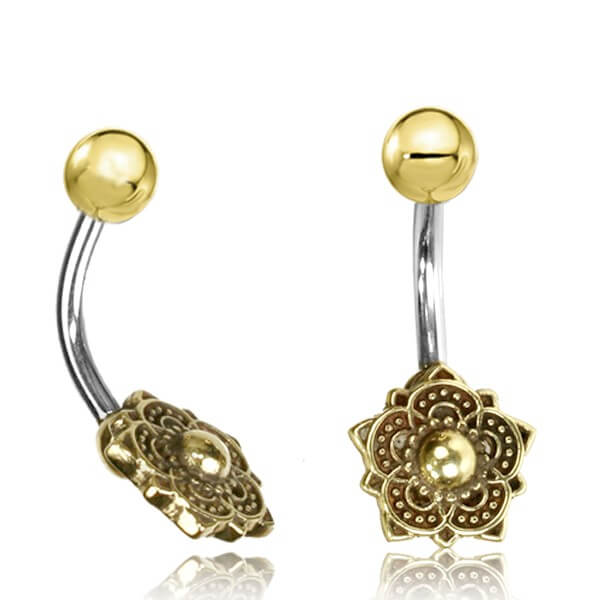 Two brass navel jewels featuring a mandala design on a white background