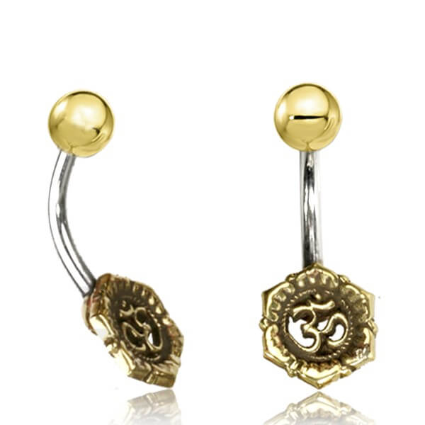 Two belly bars featuring a Om design on a white background
