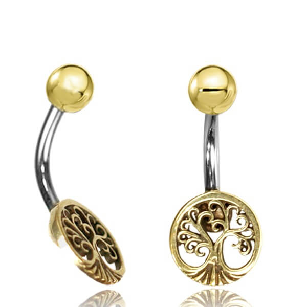 Two brass navel jewels featuring a tree of life design