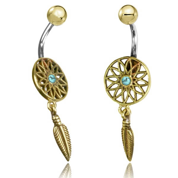 Two brass navel jewels featuring a dream catcher design, on a white background