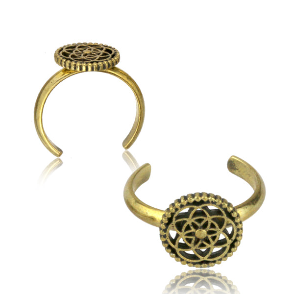 Two brass toe rings adorned with a flower in a white background of life motif in a white 
