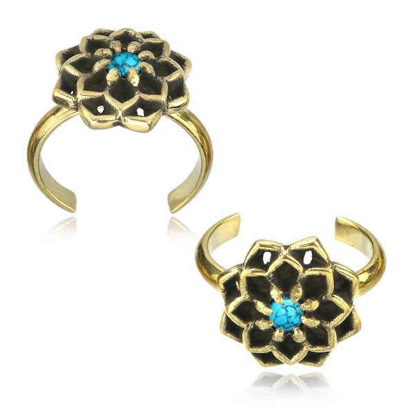Two Brass toe rings featuring a mandala design with a turquoise pearl inside