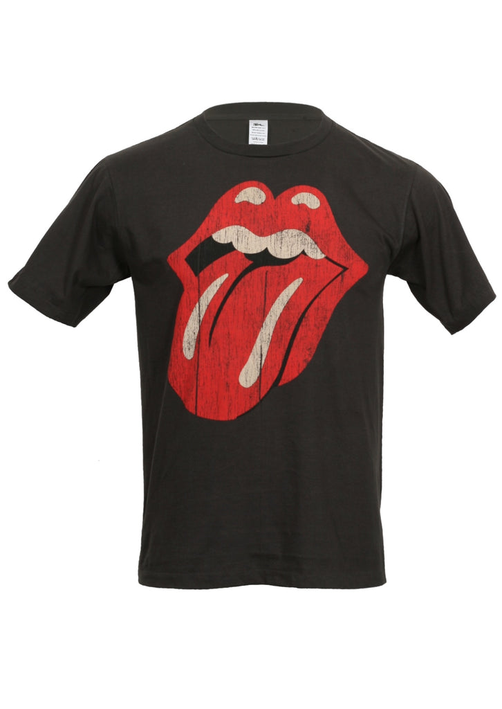 Black t-shirt with Rolling Stones tongue and lips logo front