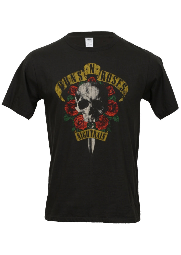 Black t-shirt Guns 'n' Roses nightrain roses and skull artwork front