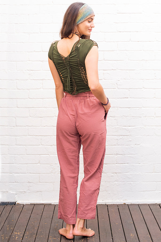 Cotton tie up pants dusty rose dark pink back
