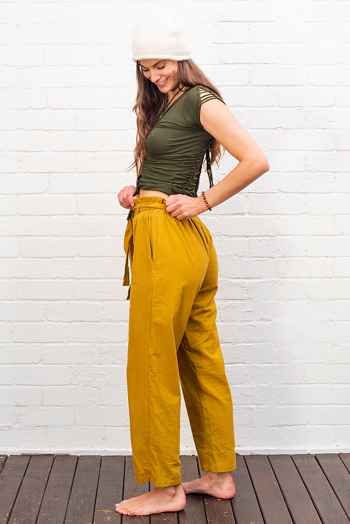 Cotton tie up pants mustard yellow side