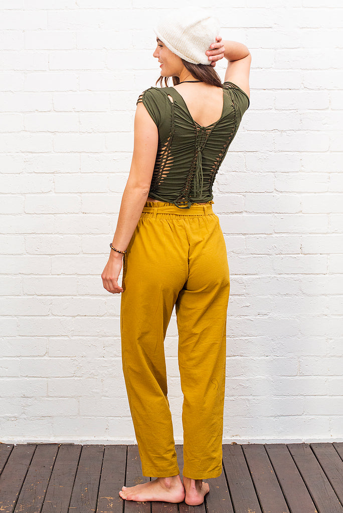 Cotton tie up pants mustard yellow back