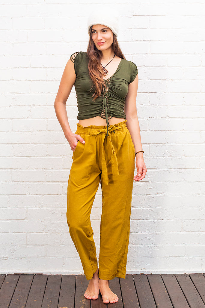 Cotton tie up pants mustard yellow front