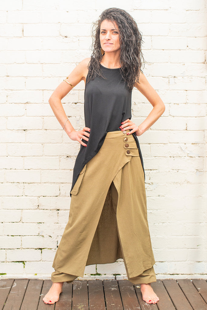 frontArmy green harem pants with overskirt 