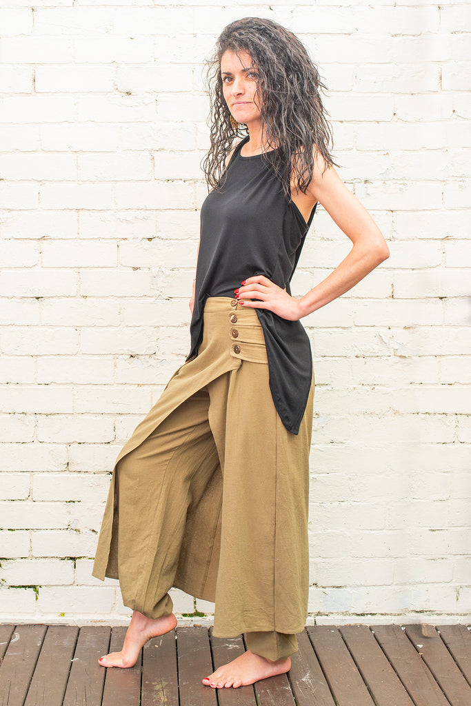 Army green harem pants with overskirt side