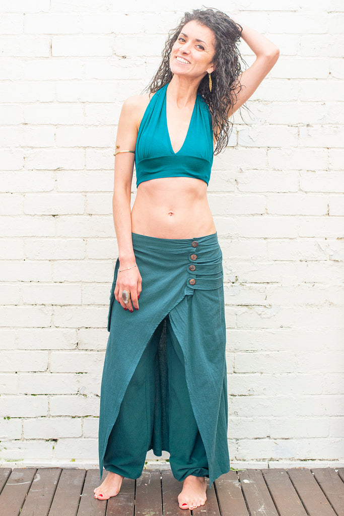 frontTeal blue harem pants with overskirt 