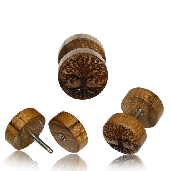 Teak wood fake earlobe plugs engraved with tree of life symbol