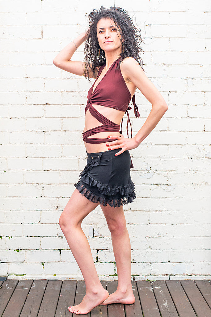 Black Faerie short skirt with layered ruflled lace hem and adjustable studded waist side