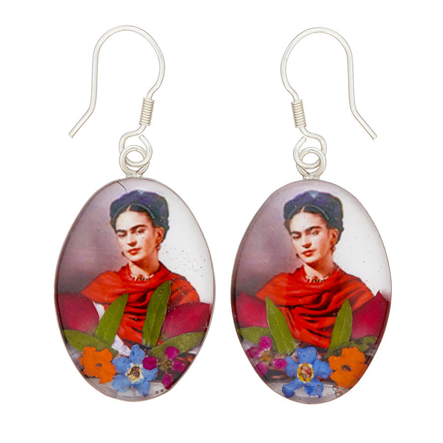san marco silver and resin pendant earrings featuring a photograph of frida kahlo wearing a scarlet scarf adorned with colourful dried flowers